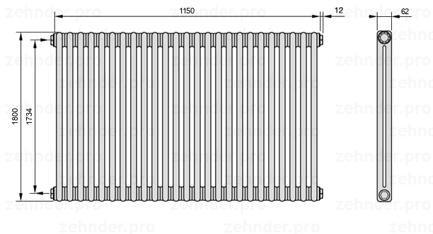 Схема (чертеж) Радиатор Zehnder Charleston 2180/25 №1270 Белый глянцевый RAL 9016